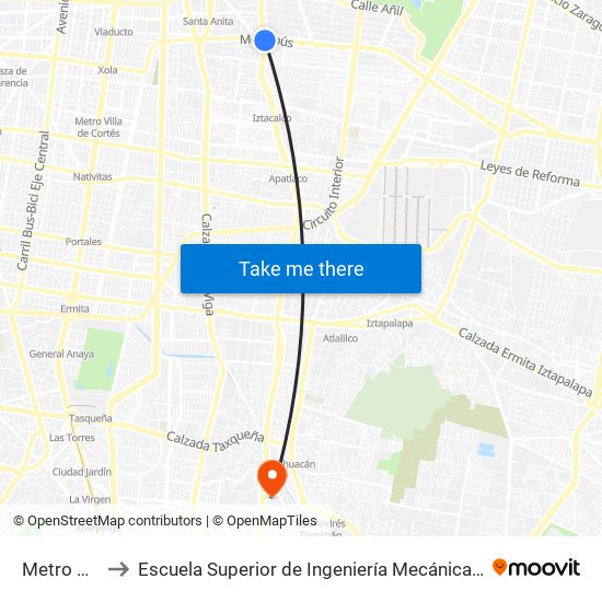 Metro Coyuya to Escuela Superior de Ingeniería Mecánica Y Eléctrica Culhuacán map