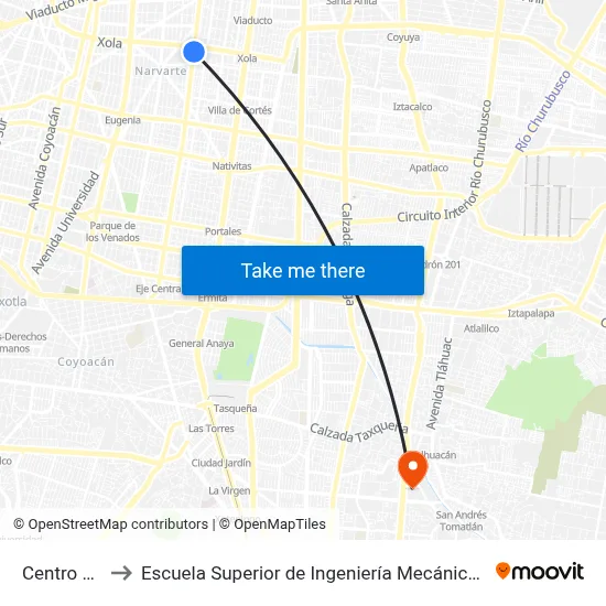 Centro Scop_1 to Escuela Superior de Ingeniería Mecánica Y Eléctrica Culhuacán map
