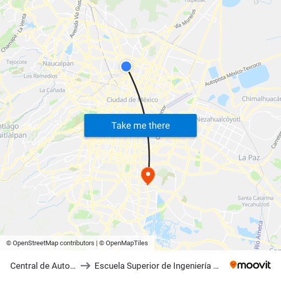 Central de Autobuses del Norte to Escuela Superior de Ingeniería Mecánica Y Eléctrica Culhuacán map