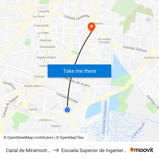 Canal de Miramontes - Glorieta Villa Coapa to Escuela Superior de Ingeniería Mecánica Y Eléctrica Culhuacán map