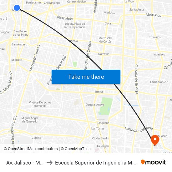 Av. Jalisco - Metro Tacubaya to Escuela Superior de Ingeniería Mecánica Y Eléctrica Culhuacán map