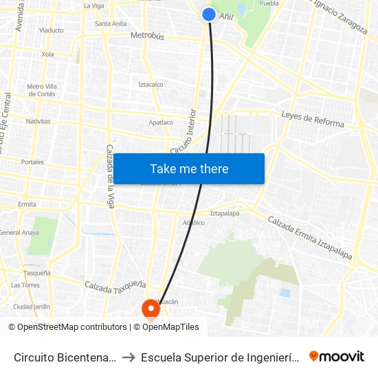 Circuito Bicentenario Río Churubusco_1 to Escuela Superior de Ingeniería Mecánica Y Eléctrica Culhuacán map