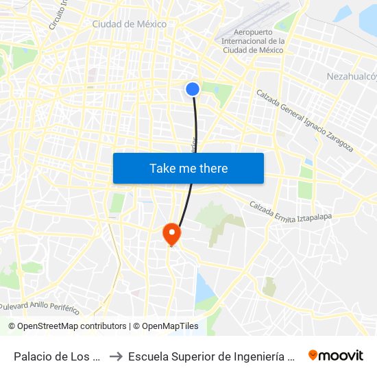 Palacio de Los Deporte Puerta 6 to Escuela Superior de Ingeniería Mecánica Y Eléctrica Culhuacán map