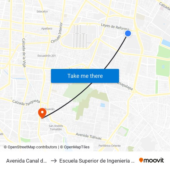 Avenida Canal del Moral Mz3 Lt62 to Escuela Superior de Ingeniería Mecánica Y Eléctrica Culhuacán map