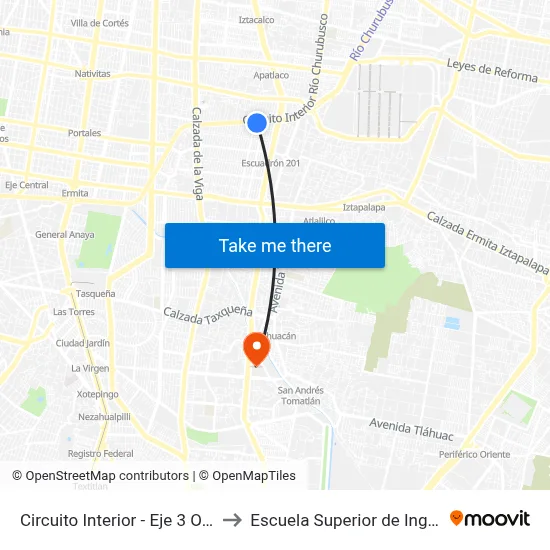 Circuito Interior - Eje 3 Oriente Francisco del Paso Y Troncoso _1 to Escuela Superior de Ingeniería Mecánica Y Eléctrica Culhuacán map