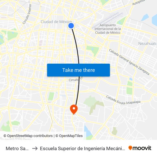 Metro San Lázaro to Escuela Superior de Ingeniería Mecánica Y Eléctrica Culhuacán map