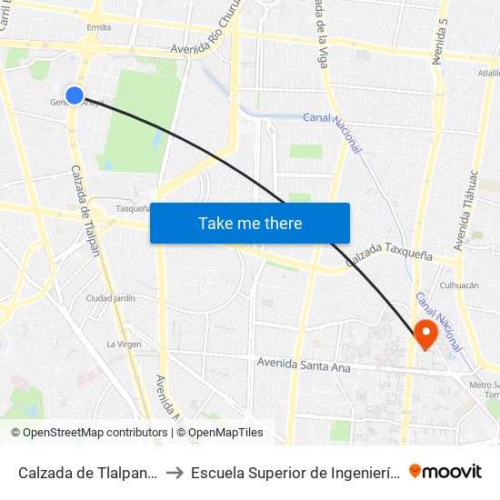 Calzada de Tlalpan -  Metro General Anaya to Escuela Superior de Ingeniería Mecánica Y Eléctrica Culhuacán map