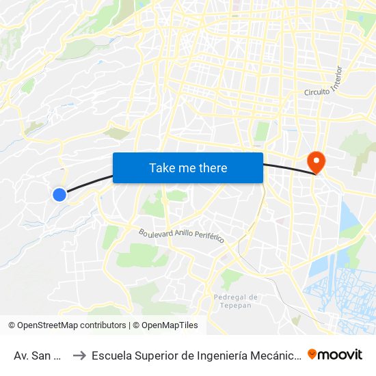 Av. San Bernabé to Escuela Superior de Ingeniería Mecánica Y Eléctrica Culhuacán map