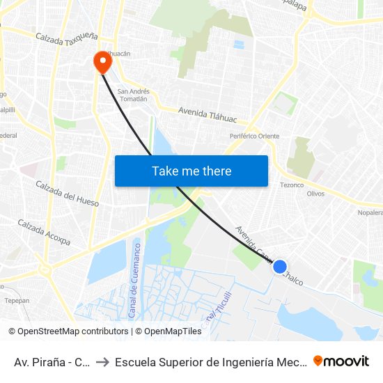 Av. Piraña - Cda. Calamar to Escuela Superior de Ingeniería Mecánica Y Eléctrica Culhuacán map