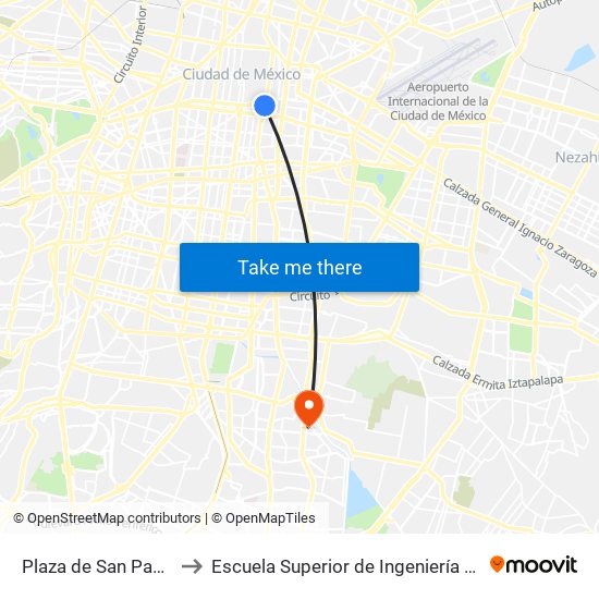 Plaza de San Pablo - Metro Merced to Escuela Superior de Ingeniería Mecánica Y Eléctrica Culhuacán map