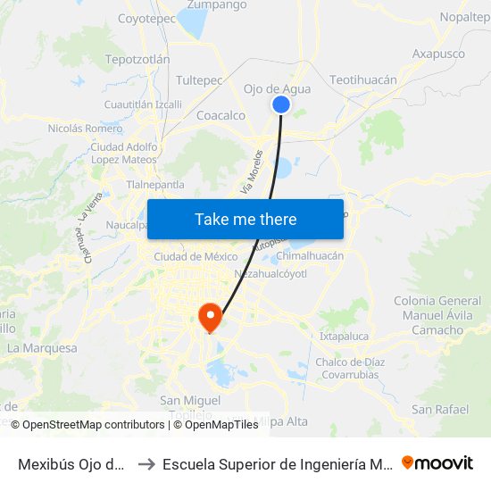 Mexibús Ojo de Agua, Andén A to Escuela Superior de Ingeniería Mecánica Y Eléctrica Culhuacán map