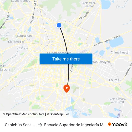 Cablebús Santa María Ticomán to Escuela Superior de Ingeniería Mecánica Y Eléctrica Culhuacán map