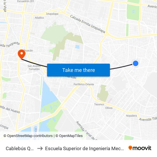 Cablebús Quetzalcóatl to Escuela Superior de Ingeniería Mecánica Y Eléctrica Culhuacán map