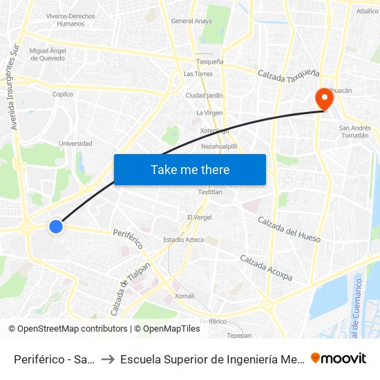 Periférico - Sala Ollin Yoliztli to Escuela Superior de Ingeniería Mecánica Y Eléctrica Culhuacán map
