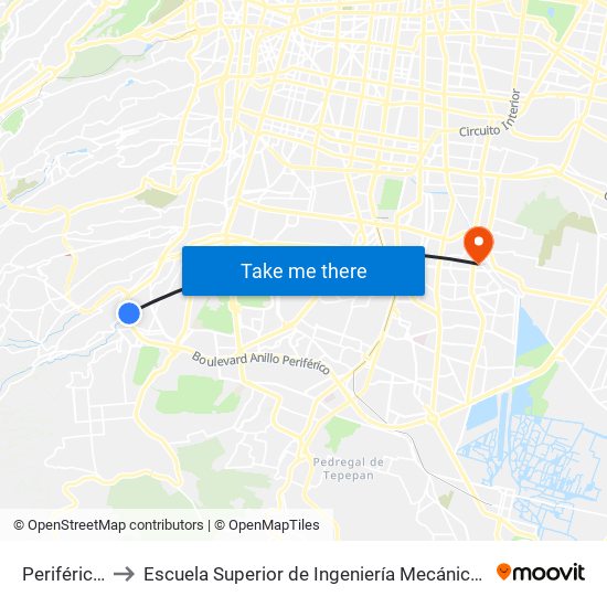 Periférico - Pfp to Escuela Superior de Ingeniería Mecánica Y Eléctrica Culhuacán map