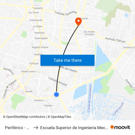 Periférico - Vaqueritos 2 to Escuela Superior de Ingeniería Mecánica Y Eléctrica Culhuacán map