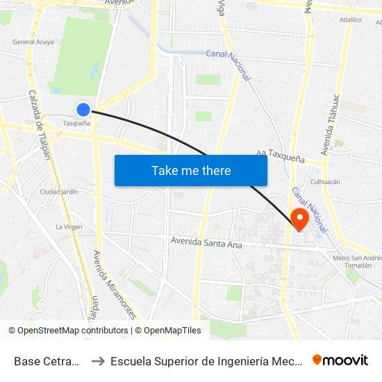 Base Cetram Taxqueña to Escuela Superior de Ingeniería Mecánica Y Eléctrica Culhuacán map
