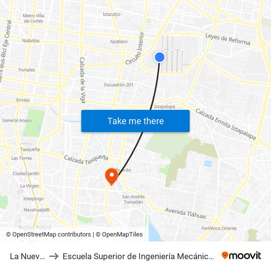 La Nueva Viga to Escuela Superior de Ingeniería Mecánica Y Eléctrica Culhuacán map