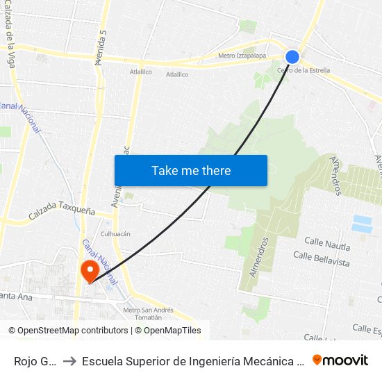 Rojo Gómez to Escuela Superior de Ingeniería Mecánica Y Eléctrica Culhuacán map