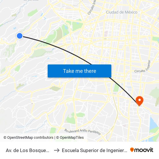 Av. de Los Bosques - Fuente del Emperador to Escuela Superior de Ingeniería Mecánica Y Eléctrica Culhuacán map