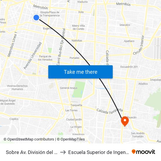 Sobre Av. División del Norte Y Glorieta Mariscal Sucre to Escuela Superior de Ingeniería Mecánica Y Eléctrica Culhuacán map