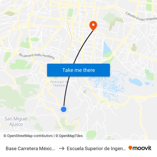 Base Carretera México-Cuernavaca - Caseta de Cobro to Escuela Superior de Ingeniería Mecánica Y Eléctrica Culhuacán map