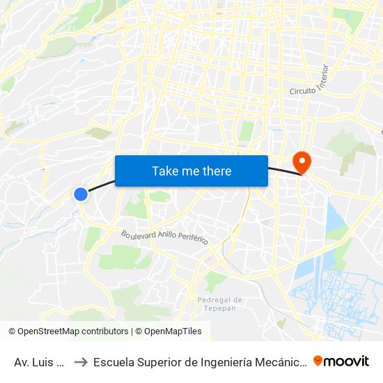 Av. Luis Cabrera to Escuela Superior de Ingeniería Mecánica Y Eléctrica Culhuacán map