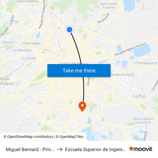 Miguel Bernard - Privada Ex-Hacienda La Escalera to Escuela Superior de Ingeniería Mecánica Y Eléctrica Culhuacán map