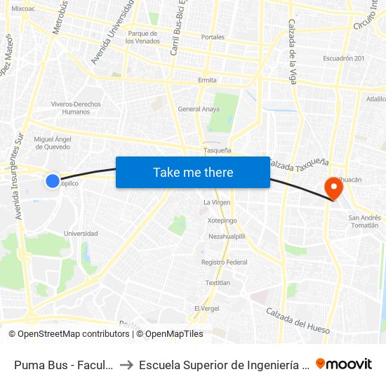 Puma Bus - Facultad de Odontologia to Escuela Superior de Ingeniería Mecánica Y Eléctrica Culhuacán map