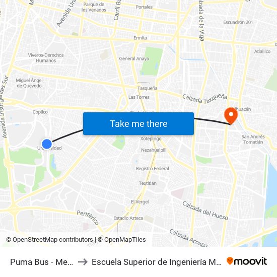 Puma Bus - Metro Universidad to Escuela Superior de Ingeniería Mecánica Y Eléctrica Culhuacán map