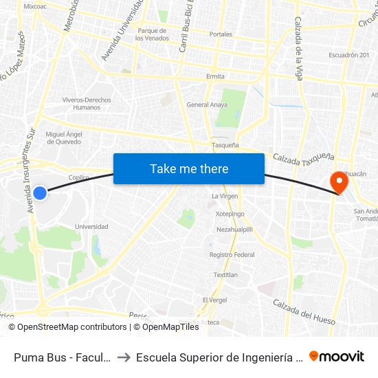 Puma Bus - Facultad de Arquitectura to Escuela Superior de Ingeniería Mecánica Y Eléctrica Culhuacán map