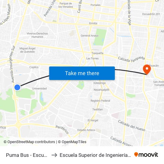 Puma Bus - Escuela de Trabajo Social to Escuela Superior de Ingeniería Mecánica Y Eléctrica Culhuacán map