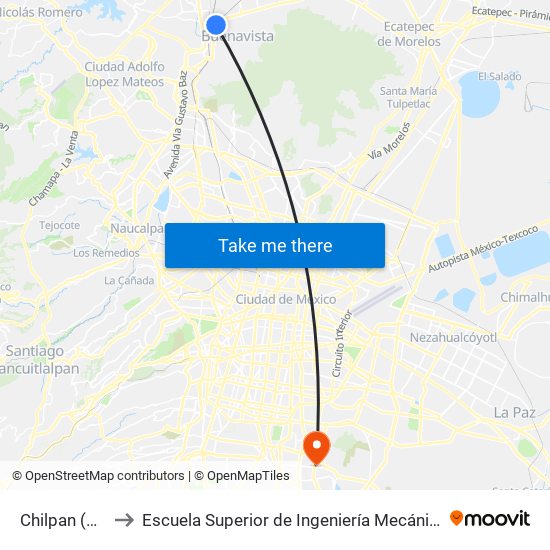 Chilpan (Mexibús) to Escuela Superior de Ingeniería Mecánica Y Eléctrica Culhuacán map