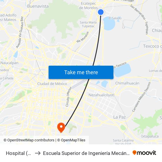Hospital (Mexibus) to Escuela Superior de Ingeniería Mecánica Y Eléctrica Culhuacán map