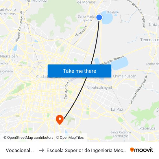 Vocacional 3 (Mexibus) to Escuela Superior de Ingeniería Mecánica Y Eléctrica Culhuacán map