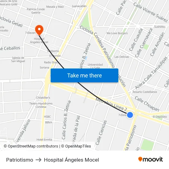 Patriotismo to Hospital Ángeles Mocel map