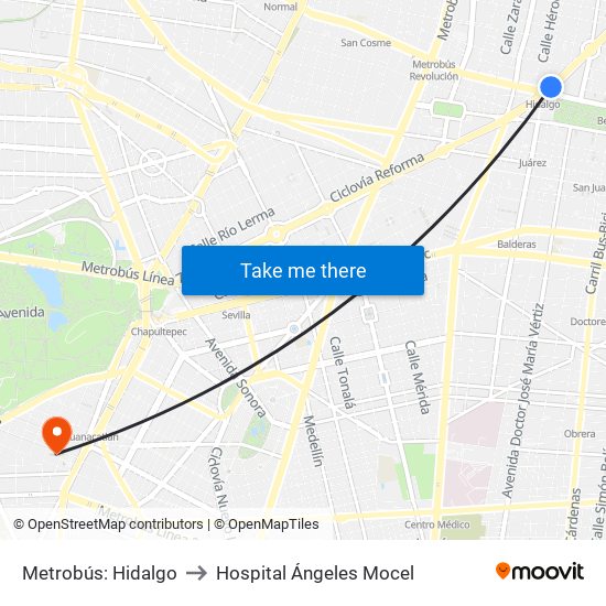 Metrobús: Hidalgo to Hospital Ángeles Mocel map