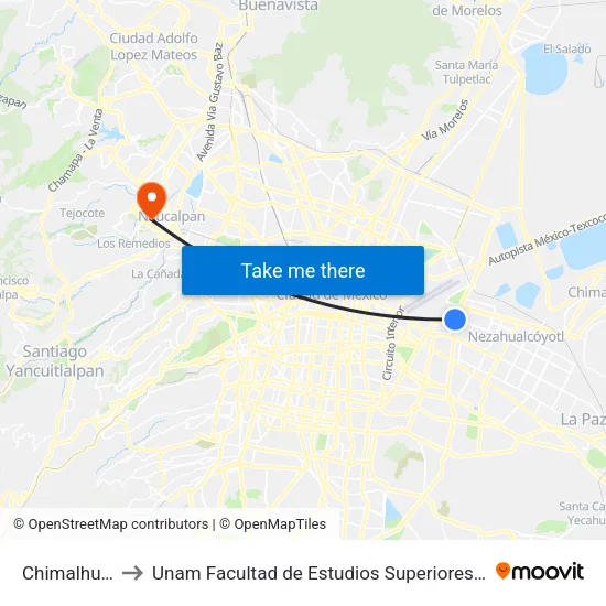 Chimalhuacan to Unam Facultad de Estudios Superiores (Fes) Acatlán map