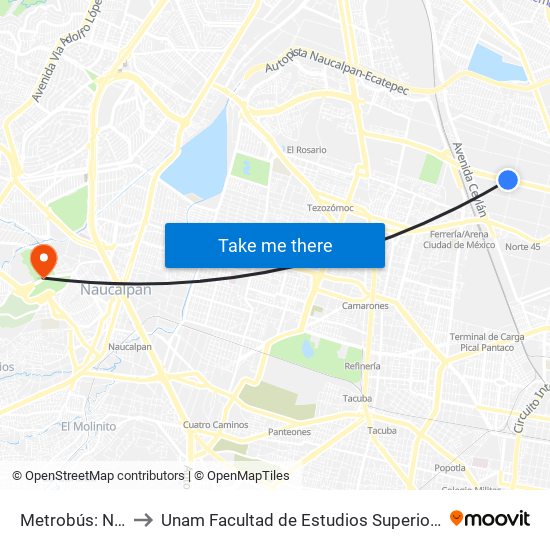 Metrobús: Norte 59 to Unam Facultad de Estudios Superiores (Fes) Acatlán map