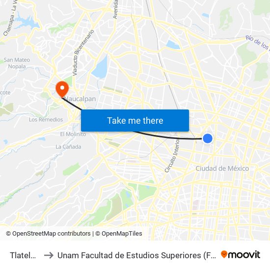 Tlatelolco to Unam Facultad de Estudios Superiores (Fes) Acatlán map