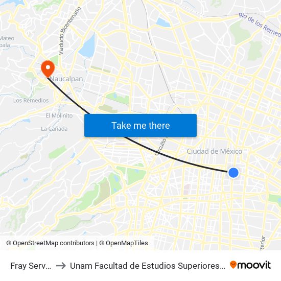 Fray Servando to Unam Facultad de Estudios Superiores (Fes) Acatlán map