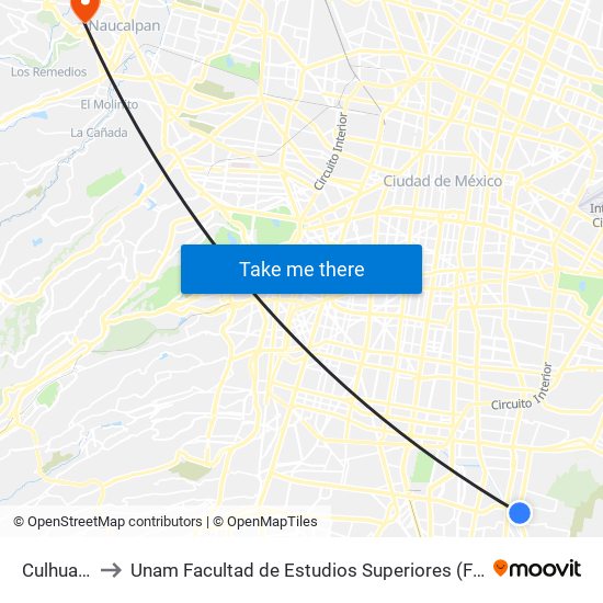 Culhuacán to Unam Facultad de Estudios Superiores (Fes) Acatlán map