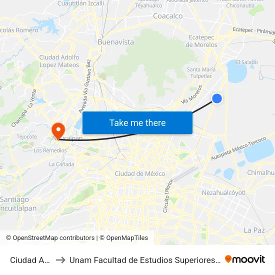 Ciudad Azteca to Unam Facultad de Estudios Superiores (Fes) Acatlán map