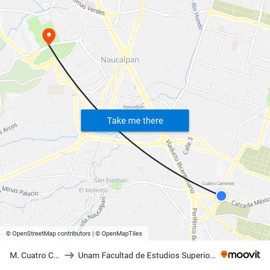 M. Cuatro Caminos to Unam Facultad de Estudios Superiores (Fes) Acatlán map