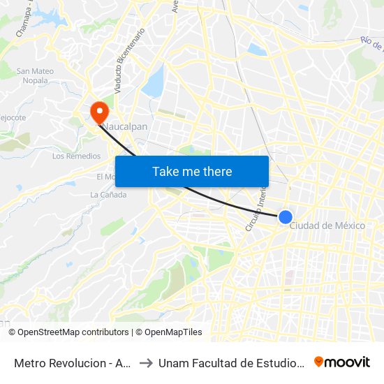 Metro Revolucion - Av. Puente de Alvarado to Unam Facultad de Estudios Superiores (Fes) Acatlán map