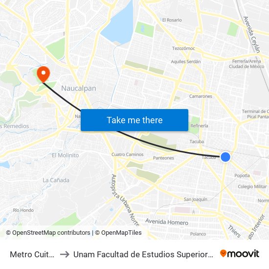 Metro Cuitláhuac to Unam Facultad de Estudios Superiores (Fes) Acatlán map