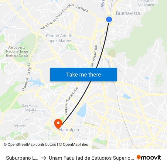 Suburbano Lechería to Unam Facultad de Estudios Superiores (Fes) Acatlán map