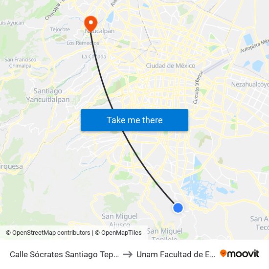 Calle Sócrates Santiago Tepalcatlalpan Xochimilco Cdmx 16200 México to Unam Facultad de Estudios Superiores (Fes) Acatlán map