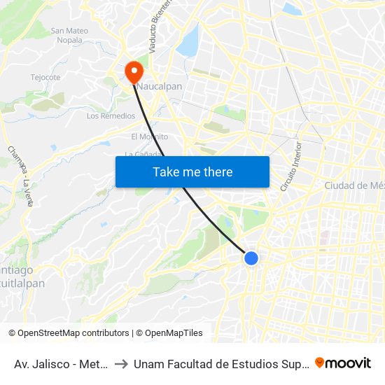 Av. Jalisco - Metro Tacubaya to Unam Facultad de Estudios Superiores (Fes) Acatlán map