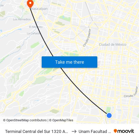 Terminal Central del Sur 1320 Avenida Canal de Miramontes Campestre Coyoacán Cdmx 04200 México to Unam Facultad de Estudios Superiores (Fes) Acatlán map